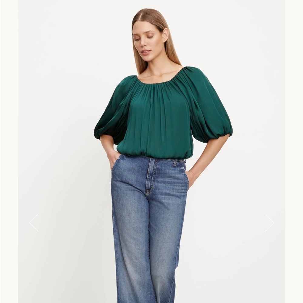 Velvet by Graham & Spencer Satin Puff Sleeve Top- Fern green
